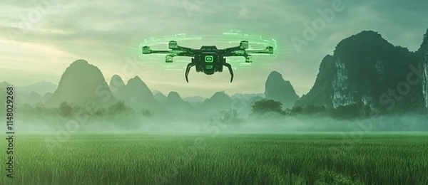 Fototapeta Glowing Neon Rectangle Portal Floating Above Water with Mountains and Cloudy Sky - Otherworldly Sci-Fi Environment. AI generated illustration