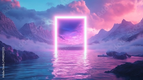 Fototapeta Glowing Neon Rectangle Portal Floating Above Water with Mountains and Cloudy Sky - Otherworldly Sci-Fi Environment. AI generated illustration