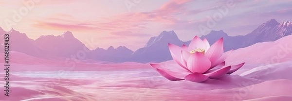 Obraz 3D Render of a Pink Lotus in a Surreal Fantasy Landscape with Pastel Colors. AI generated illustration