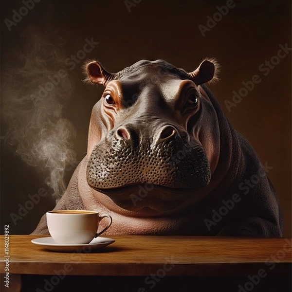 Fototapeta Happy Hippopotamus Enjoying a Cup of Coffee at the Table - Realistic Studio Photography. AI generated illustration