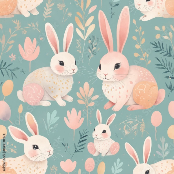 Fototapeta Pattern of cute rabbits among flowers, joyful design for Chinese New Year, festive decoration, copy space