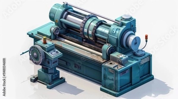 Fototapeta Closeup view of an industrial machine with gears mechanical components and engineering tools in a workshop or factory setting