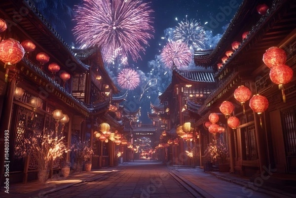 Obraz Chinese New Year Celebration: Fireworks Over Ancient Street with Lanterns and Traditional Architecture. AI generated illustration