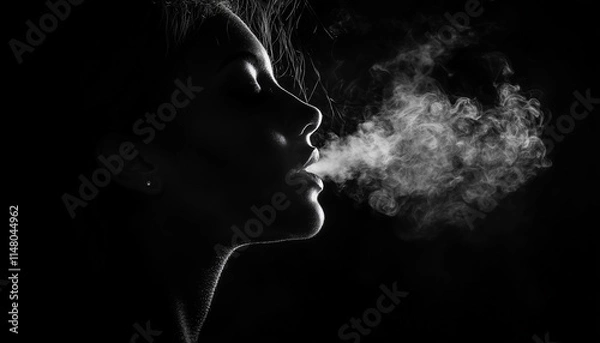 Fototapeta silhouette of a person smoking a cigarette. black and white of woman exhaling smoke