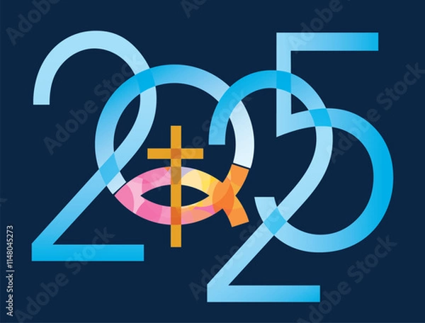 Fototapeta 
Jesus fish symbol, new year date. 
2025 new year with Jesus fish symbol with cross. Isolated on blue background. Vector available.
