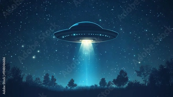 Obraz UFO Alien Spacecraft Flying in Starry Sky with Light Beam: Cartoon Style. AI generated illustration