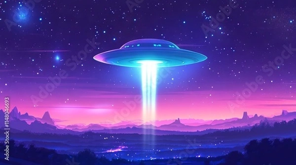 Obraz UFO Alien Spacecraft Flying in Starry Sky with Light Beam: Cartoon Style. AI generated illustration