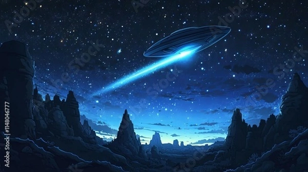 Obraz UFO Alien Spacecraft Flying in Starry Sky with Light Beam: Cartoon Style. AI generated illustration