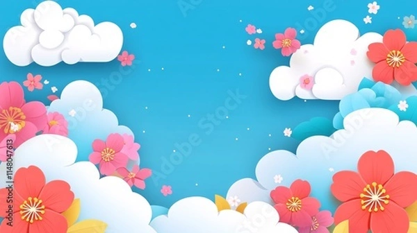 Obraz Colorful Paper Flowers and Clouds with Blue Sky Background for Bright Nature Design