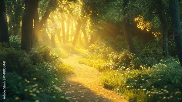 Fototapeta Serene Sunlit Pathway Through Lush Green Forest in Early Morning Light