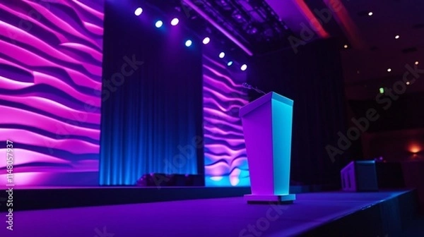 Fototapeta Brightly Lit Stage with Podium and Colorful Backdrop for Event or Presentation