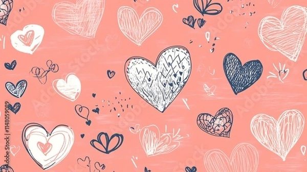Fototapeta Playful Hand-Drawn Heart Patterns on Coral Background for Romantic Designs