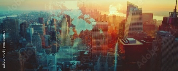 Fototapeta Multi-exposure of abstract digital world map hologram overlaying New York City skyscrapers, representing global research and analytics concepts