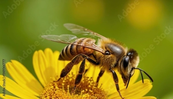 Fototapeta Close-up of a honeybee collecting nectar from a vibrant sunflower.