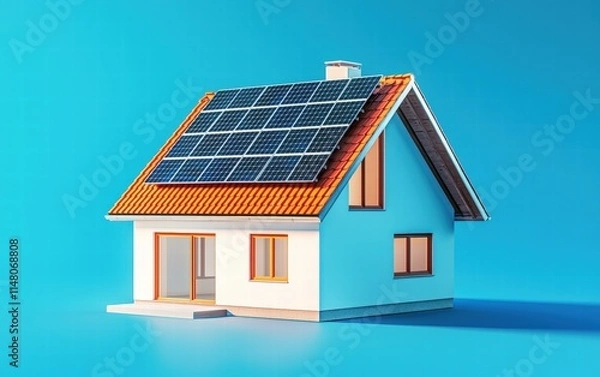 Fototapeta A Scandinavian house with solar panels glowing softly against a bright pastel blue background, minimalist and modern