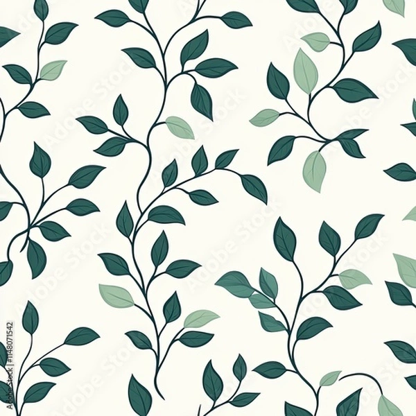 Fototapeta Seamless pattern of teal and green leaves and vines on white background.