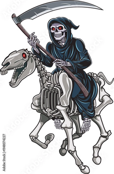 Fototapeta grim reaper with scythe riding skeleton horse
