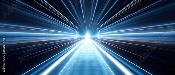Fototapeta Abstract blue light streaks converging at vanishing point.