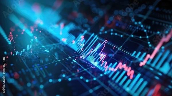 Fototapeta Financial graph with futuristic blue holographic lines and grids