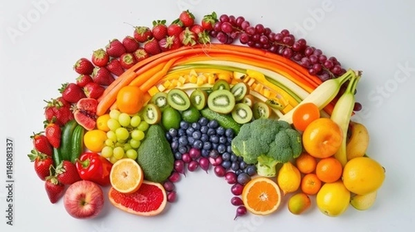 Fototapeta Fresh fruits and veggies arranged in a rainbow spectrum