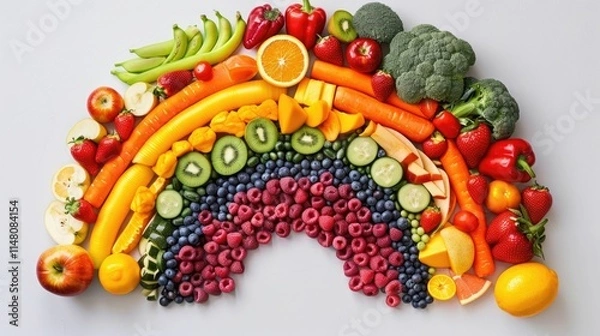 Fototapeta Fresh fruits and veggies arranged in a rainbow spectrum