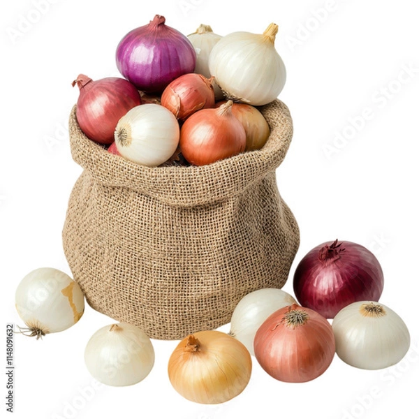 Fototapeta A burlap sack filled with a variety of onions, including red, white, and yellow, with several onions scattered around, white background, transparent background.