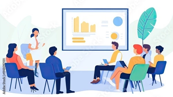 Fototapeta Businesswoman giving presentation to diverse team, analyzing data on screen.