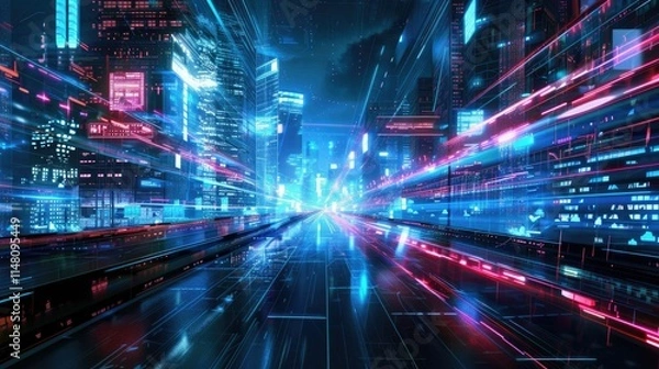Fototapeta Futuristic cityscape with holographic data streams