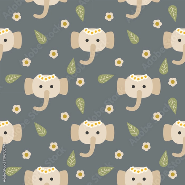 Fototapeta Face elephant cartoon so cute. On leaf flower gray background. Pattern seamless vector illustration. 