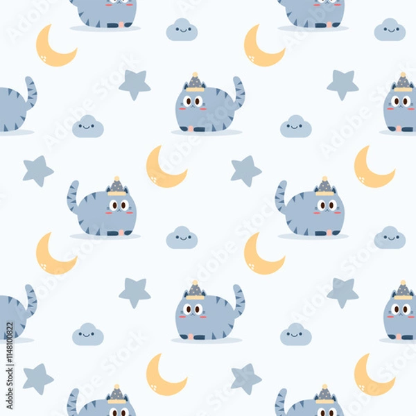 Fototapeta Blue cat cartoon so cute. On moon star cloud background. Pattern seamless vector illustration. 
