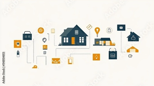 Fototapeta Smart home technology network connecting house, security, delivery, and communication.