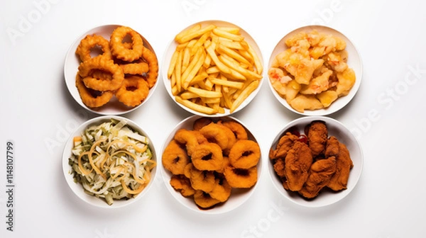 Fototapeta Plates Filled with Fried Foods Isolated on Transparent Background - Crispy and Golden Snacks for Food Photography and Culinary Design