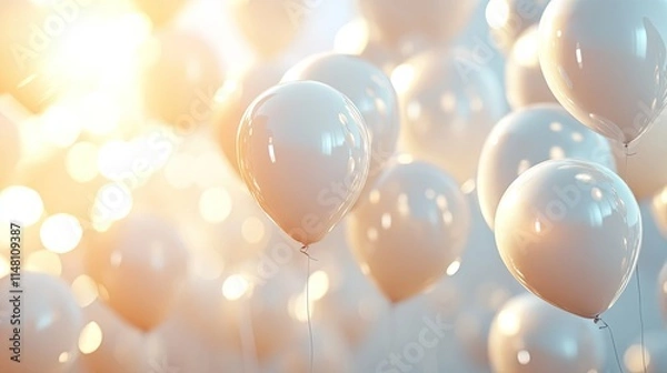 Fototapeta Bright and airy background of realistic white balloons illuminated by sunlight, creating a joyful atmosphere with ample copy space for creative text or designs.