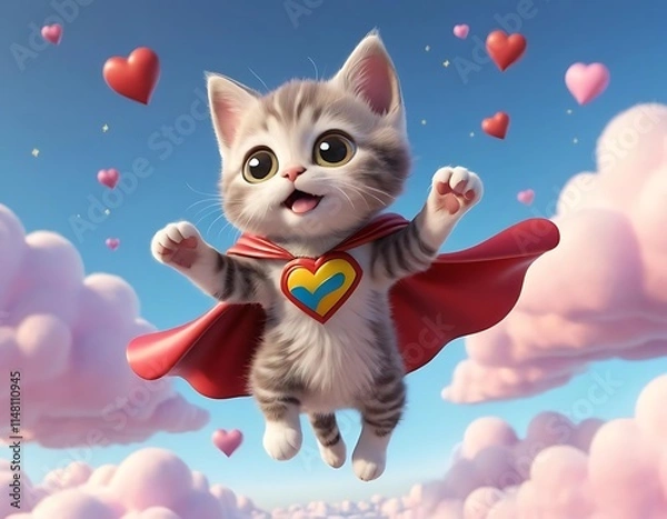 Obraz Adorable Superhero Kitten Soaring Through a Heart-Filled Sky, Generative AI