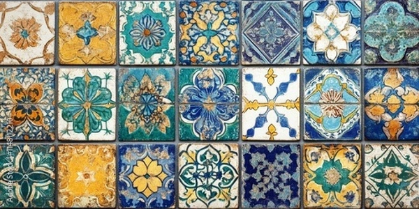 Obraz A tile mosaic with many different colored tiles. Some of the tiles are blue and yellow. The tiles are arranged in a pattern
