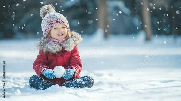 Fototapeta Joyful Child Playing in Snowy Winter Wonderland with Snowball