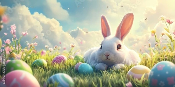 Fototapeta A cartoon style Easter bunny is relaxing in the grass while surrounded by pastel colored eggs on a bright and sunny day. The bunny and the eggs create a festive scene.