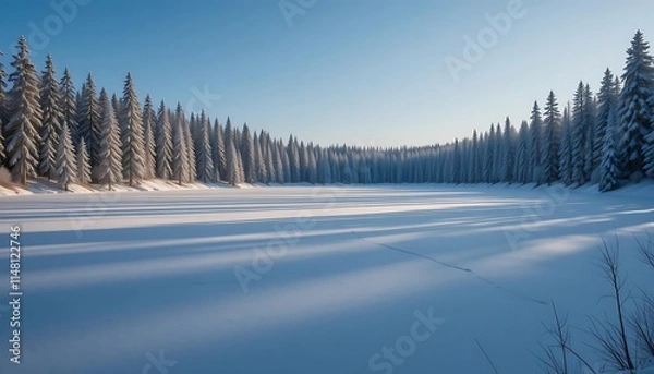 Fototapeta Frozen Winter Lake with Snowy Pines Under a Clear Sky, Generative AI