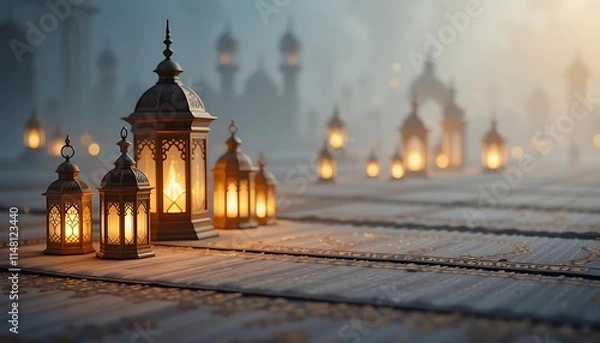 Fototapeta Illuminated Islamic Lanterns on Prayer Rugs at Dusk, Generative AI