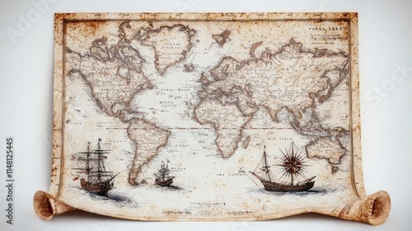 Obraz Antique World Map with Sailing Ships  Vintage Nautical Chart  Ocean Exploration  Travel Po