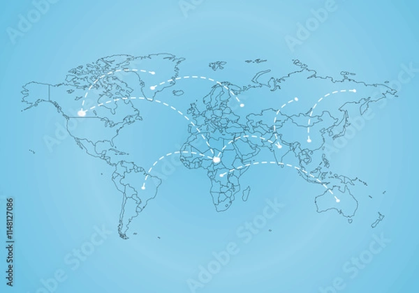 Fototapeta World map with global technology or social connection network with nodes and links illustration