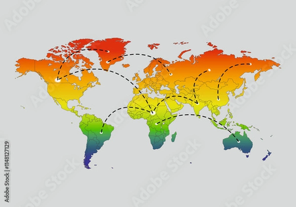 Obraz World map with network communication. Map with colorful gradient