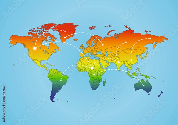 Fototapeta World map with network communication. Map with colorful gradient