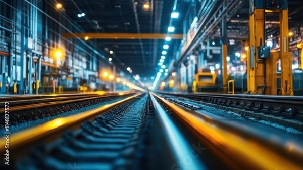 Fototapeta Automated tracking of stock movement in warehouse, selective focus, industrial theme, vibrant, manipulation, conveyor belt backdrop