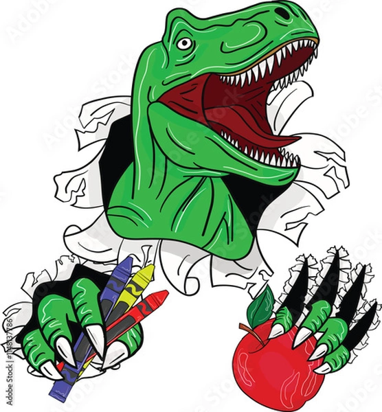 Fototapeta T-Rex Dinosaur Claws Ripping Illustrations Holding an Apple and Crayon, Back to School, 100 Days of School. Art & Illustration