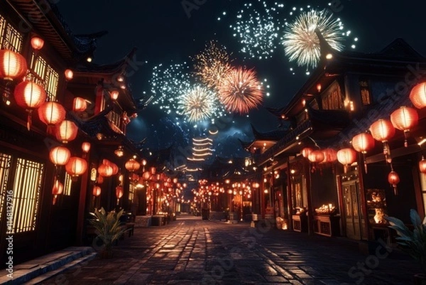 Fototapeta Chinese New Year Celebration: Fireworks Over Ancient Street with Lanterns and Traditional Architecture. AI generated illustration
