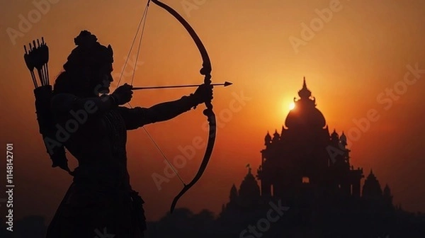Fototapeta Lord Rama Silhouette with Bow and Arrow in Front of Ram Mandir at Sunset: A Glimpse of Indian Mythology. AI generated illustration