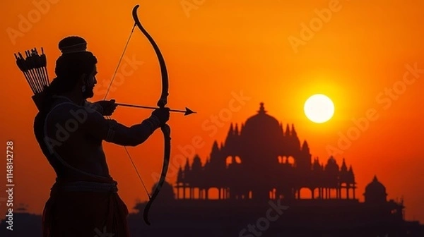 Fototapeta Lord Rama Silhouette with Bow and Arrow in Front of Ram Mandir at Sunset: A Glimpse of Indian Mythology. AI generated illustration