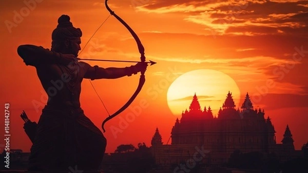 Fototapeta Lord Rama Silhouette with Bow and Arrow in Front of Ram Mandir at Sunset: A Glimpse of Indian Mythology. AI generated illustration