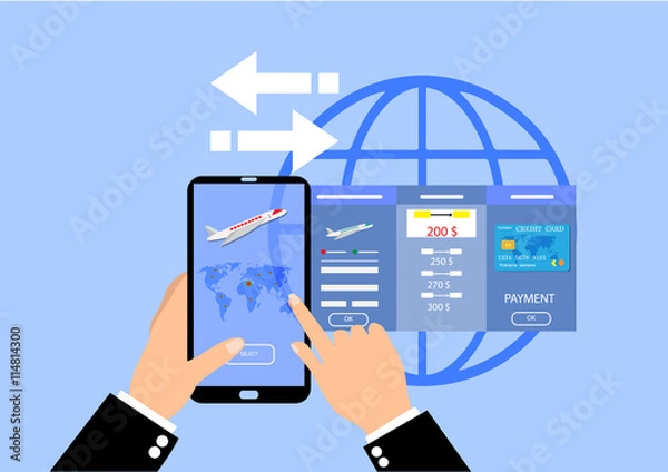 Obraz Human hand holds smartphone with mobile app for booking air passage.
